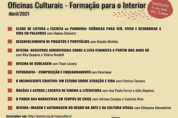OFICINAS CULTURAIS ONLINE >>

#PARTICIPE!

O Departamento Municipal de Cultura e Turismo de Mococa em parceria com Secretaria de Economia Criativa do Estado de São Paulo informa que estão abertas as inscrições para as Oficinas Culturais que acontecerã