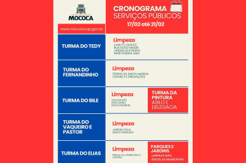 ACOMPANHE O CRONOGRAMA DOS SERVIÇOS PÚBLICOS DO MUNICÍPIO DE MOCOCA