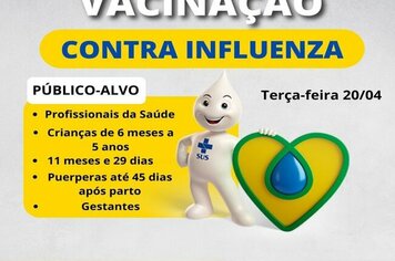 CAMPANHA DE INFLUENZA NESTA TERÇA-FEIRA.

 

Além da campanha de vacinação contra a COVID o Departamento de Saúde também realizará a campanha de vacinação contra a Influenza nesta terça-feira, 20/04, em:

Profissionais da saúde;

Crianças de 6 mes