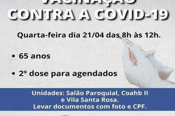 PREREFEITURA REALIZARÁ VACINAÇÃO PARA 65 ANOS NO FERIADO DE QUARTA-FEIRA.