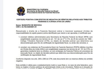MUNICÍPIO DE MOCOCA MANTÉM CERTIDÃO NEGATIVA DE DÉBITOS COM A UNIÃO APÓS PARCELAMENTO DE DÍVIDAS ADQUIRIDAS