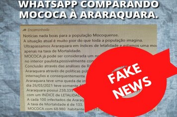 ALERTA DE FAKE NEWS



A Prefeitura Municipal de Mococa através do Departamento de Comunicação informa que o texto com dados estatísticos que está sendo compartilhado via WhatsApp comparando a cidade de Mococa com Araraquara no que se refere a situaçã