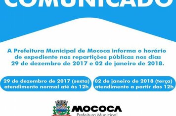 A Prefeitura Municipal de Mococa informa o horário de expediente nas repartições públicas nos dias 29/12 e 02/01.