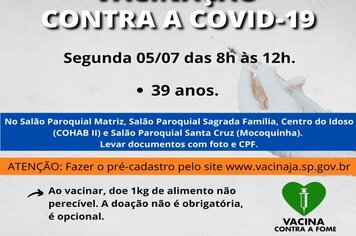 PREFEITURA MUNICIPAL DE MOCOCA VACINARÁ PESSOAS COM 39 ANOS NA SEGUNDA-FEIRA.