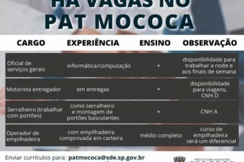  Confira as vagas disponíveis no PAT - Posto de Atendimento ao Trabalhador de Mococa.