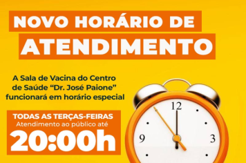 NOVO HORÁRIO DE ATENDIMENTO – SALA DE VACINA NO CENTRO DE SAÚDE 