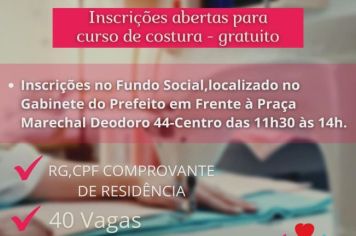 FUNDO SOCIAL ABRE INSCRIÇÕES PARA CURSO DE COSTURA GRATUITO