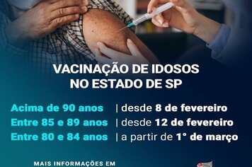 VACINAÇÃO IDOSOS >> 



A Prefeitura de Mococa iniciou nesta sexta a vacinação dos idosos de 85 a 89 anos. 



A partir do dia 1º de março, idosos com idade entre 80 e 84 anos podem vacinar em todo o estado de São Paulo.



 O pré-cadastro par