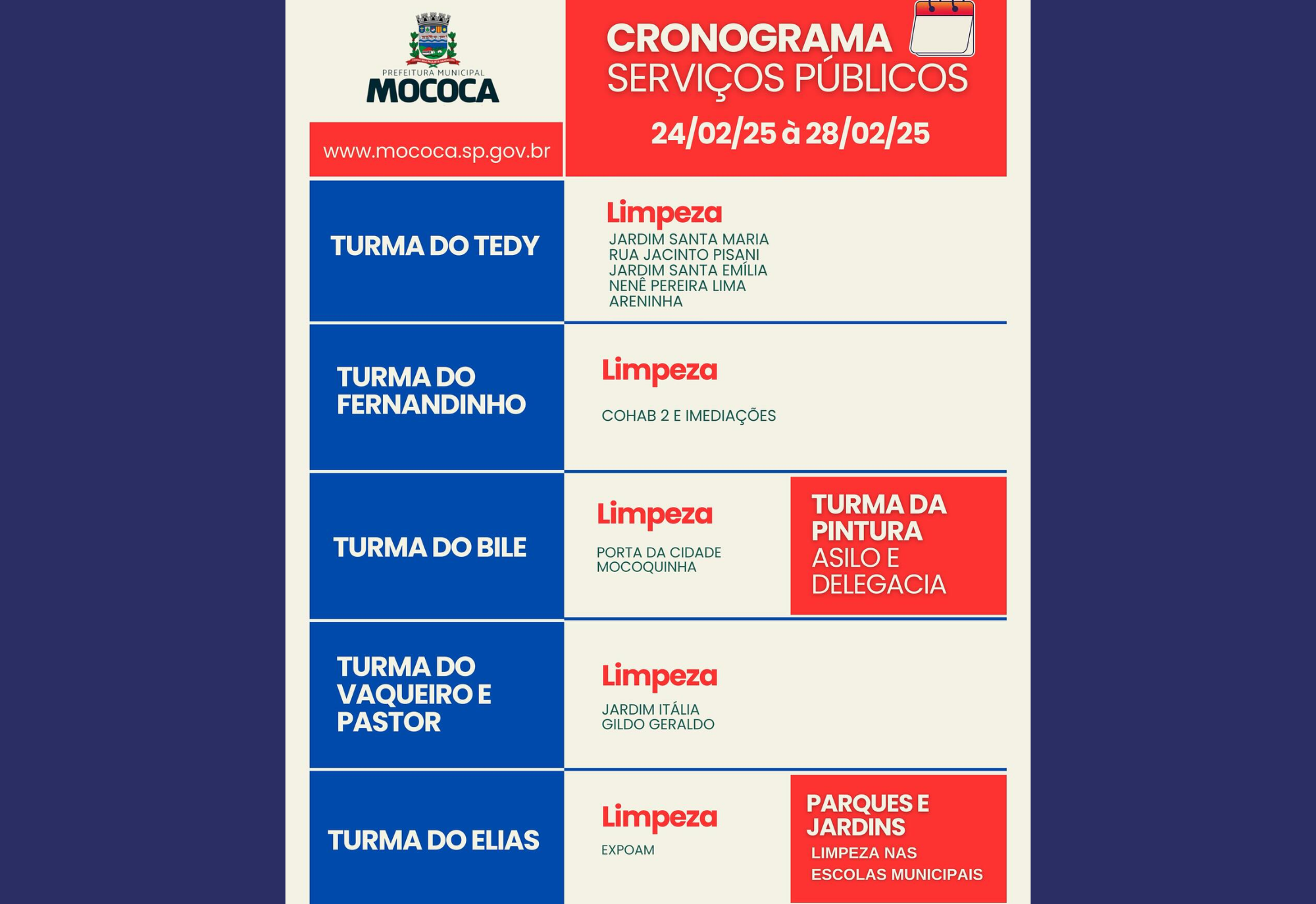 ACOMPANHE O CRONOGRAMA DOS SERVIÇOS PÚBLICOS DO MUNICÍPIO DE MOCOCA