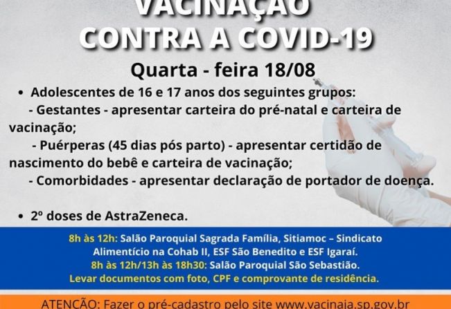  PREFEITURA DE MOCOCA VACINA ADOLESCENTES DE 16 E 17 ANOS COM COMORBIDADES, GESTANTES E PUERPERAS.