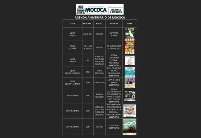 CONFIRA A AGENDA EM COMEMORAÇÃO AO ANIVERSÁRIO DE MOCOCA 
