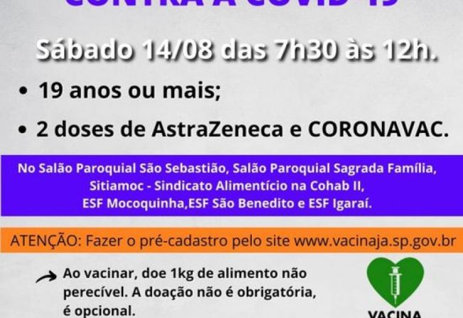  PLANTÃO DE VACINAÇÃO NESTE SÁBADO VAI IMUNIZAR JOVENS MAIORES DE 19 ANOS.