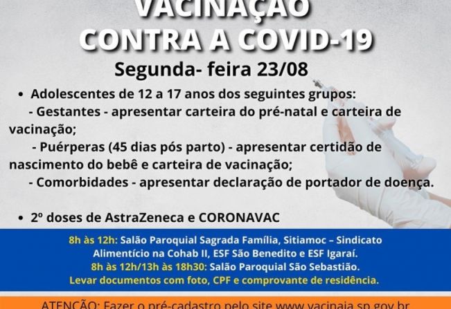 VACINAÇÃO COVID-19 EM MOCOCA INICIA NA SEGUNDA PARA ADOLESCENTES DE 12 A 17 ANOS COM COMORBIDADES>>