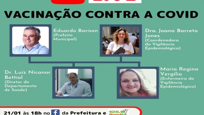 O Departamento de Saúde realizará nesta quinta-feira, 21, uma Live que será transmitida pela página do Facebook da Prefeitura às 18h00.
