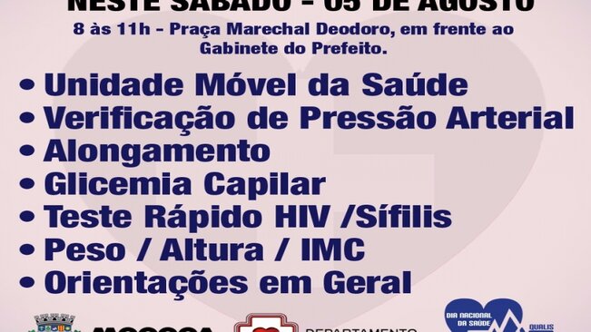 DIA NACIONAL DA SAÚDE - Neste sábado, dia 05, na Praça Marechal Deodoro no centro de Mococa