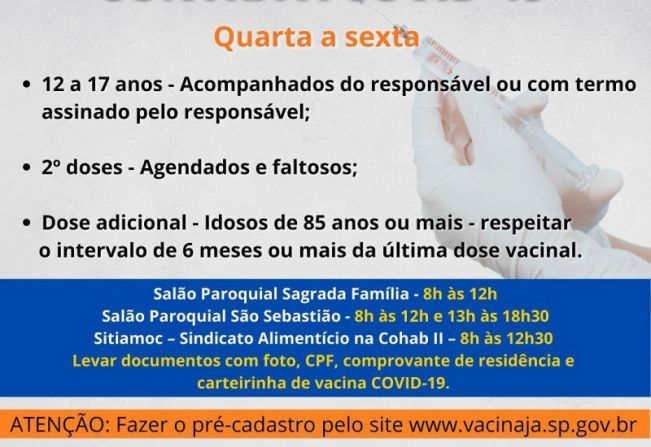  QUARTA A SEXTA OCORRERÁ VACINAÇÃO CONTRA A COVID-19 >>