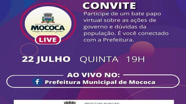 MOCOCA CONECTADA 

Confira nossa Live nessa quinta-feira, 22, pela página do Facebook da Prefeitura às 19h.