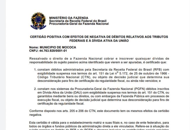 MUNICÍPIO DE MOCOCA MANTÉM CERTIDÃO NEGATIVA DE DÉBITOS COM A UNIÃO APÓS PARCELAMENTO DE DÍVIDAS ADQUIRIDAS