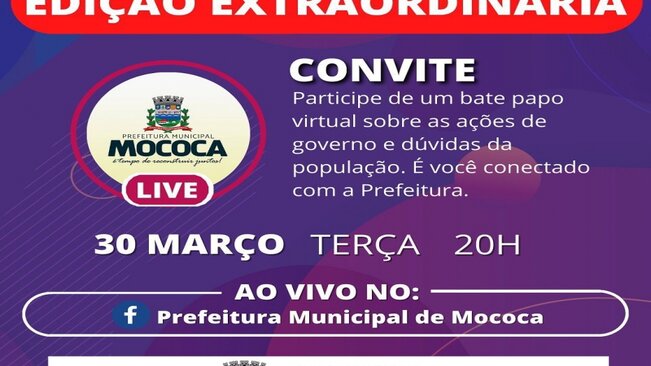 A Prefeitura Conectada edição extraordinária tratará de assuntos sobre as ações emergências de enfrentamento a COVID-19 no município de Mococa.