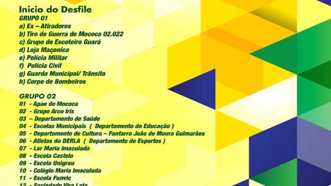 Programação do desfile cívico do dia 7 de setembro na cidade de Mococa. Prestigie as apresentações!