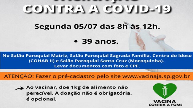 PREFEITURA MUNICIPAL DE MOCOCA VACINARÁ PESSOAS COM 39 ANOS NA SEGUNDA-FEIRA.