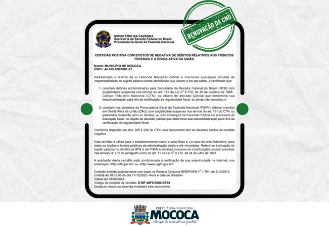 MOCOCA MANTÉM CERTIDÃO NEGATIVA DE DÉBITOS COM A UNIÃO