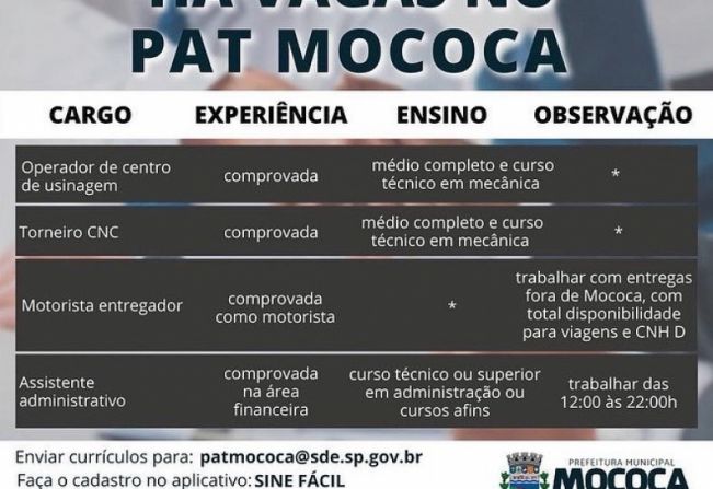  Confira as vagas disponíveis no PAT - Posto de Atendimento ao Trabalhador de Mococa.
