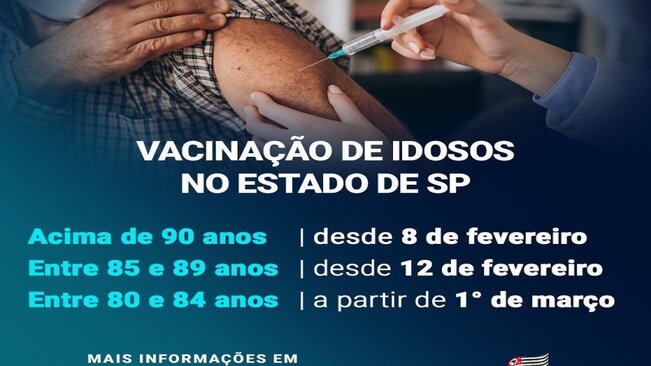 VACINAÇÃO IDOSOS >> 



A Prefeitura de Mococa iniciou nesta sexta a vacinação dos idosos de 85 a 89 anos. 



A partir do dia 1º de março, idosos com idade entre 80 e 84 anos podem vacinar em todo o estado de São Paulo.



 O pré-cadastro par