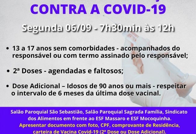  SÁBADO, SEGUNDA E TERÇA TEM PLANTÃO DE VACINAÇÃO CONTRA A COVID-19 >>
