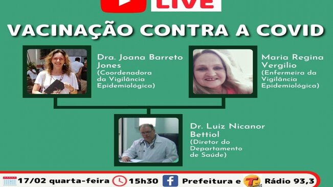 O Departamento de Comunicação realizará com a equipe da Vigilância Epidemiológica, uma live nesta quarta-feira, 17, pela página do Facebook da Prefeitura às 15h30.



A Rádio Transamérica também irá transmitir ao vivo.



O assunto em discussão se