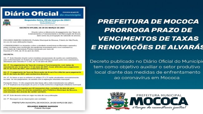 PREFEITURA PRORROGA PRAZO DE VENCIMENTOS DE TAXAS E RENOVAÇÃO DE ALVARÁS